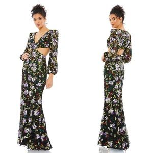 NEW NWT Mac Duggal Floral Sequined Cutout Gown Black Multi